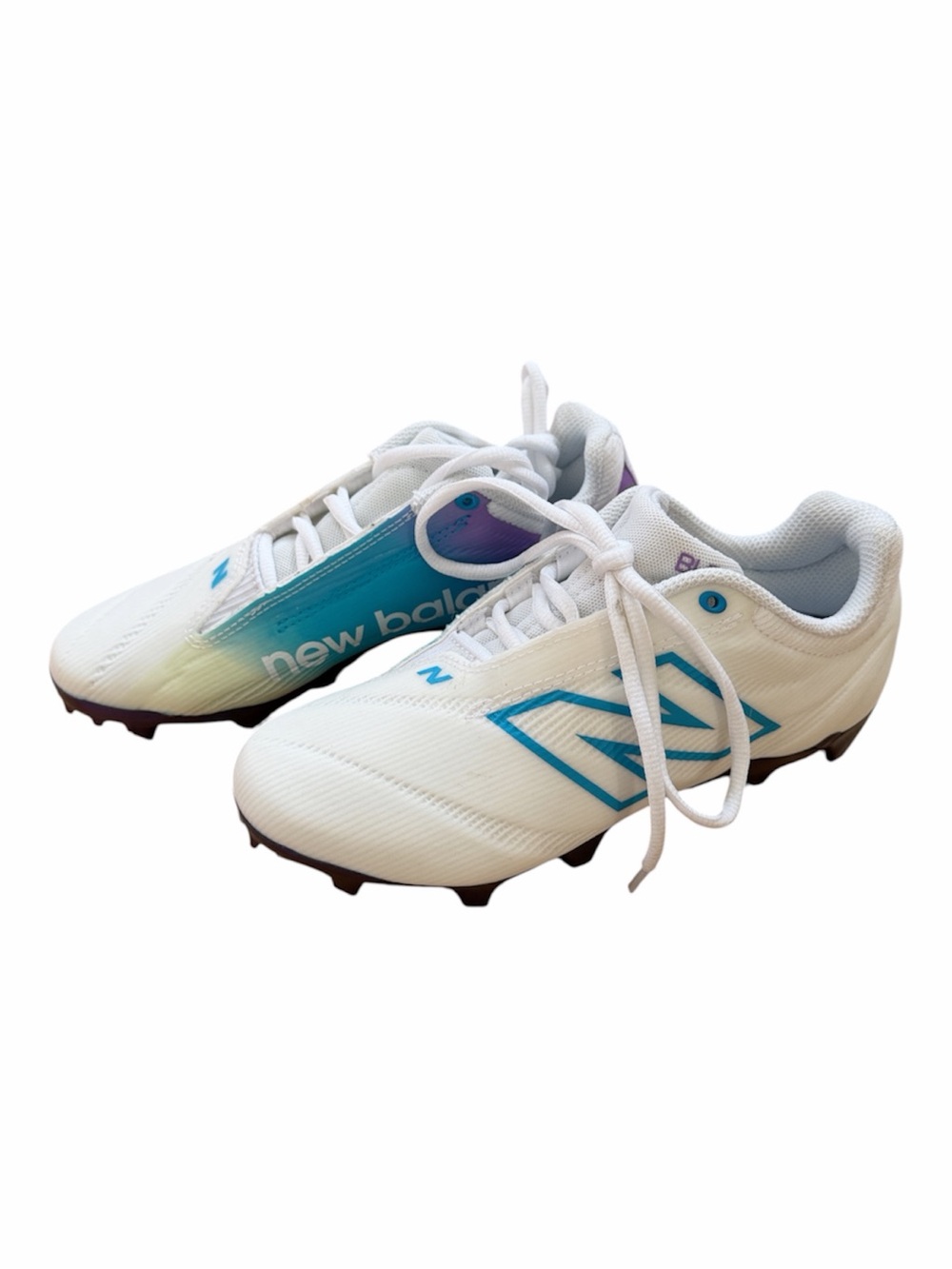 New Balance White Burn X4 Womens Youth Lactose Cleats with Purple & Blue Accent